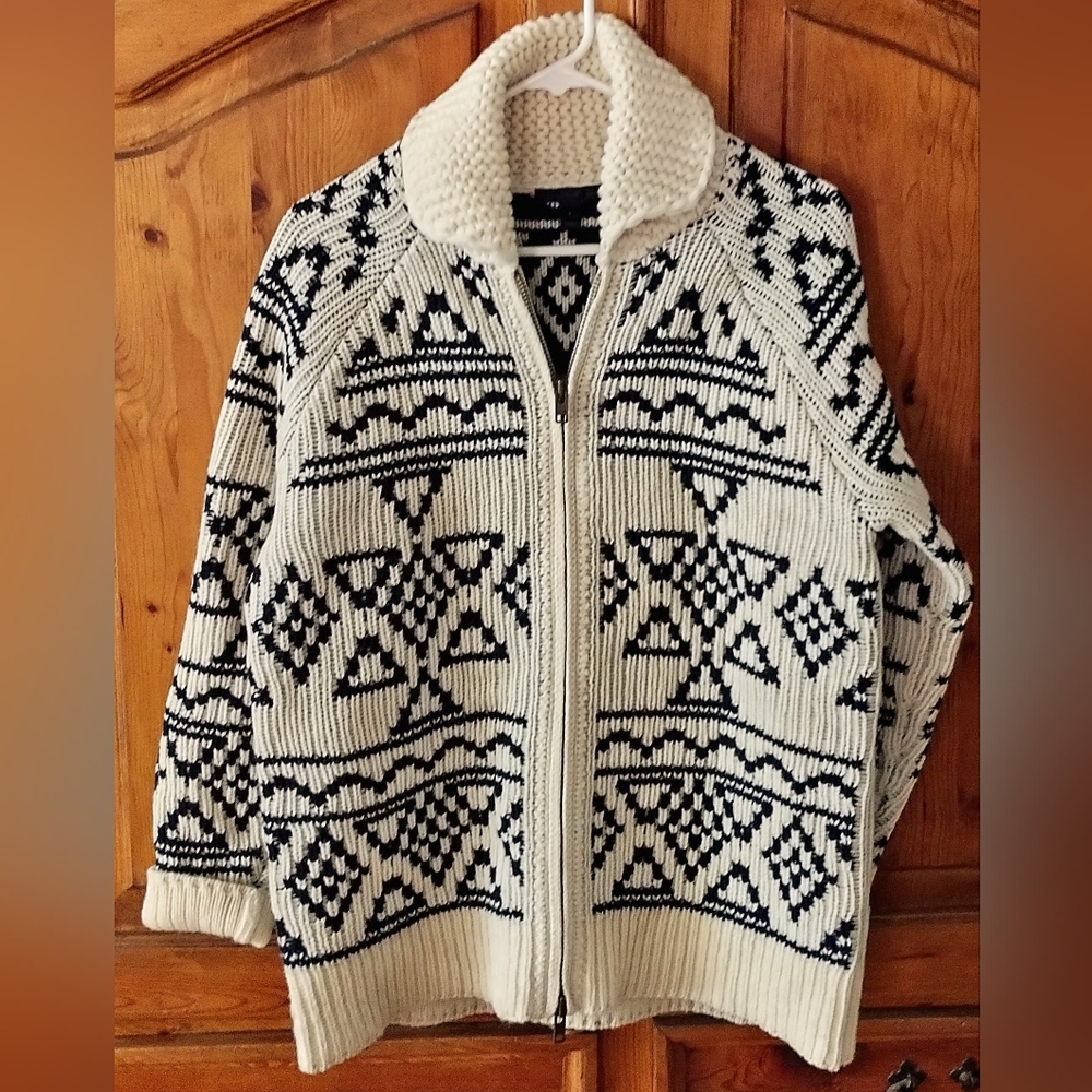 J Crew Fair Isle Nordic Chunky Wool Cardigan Oversized Small Unisex Full Zip